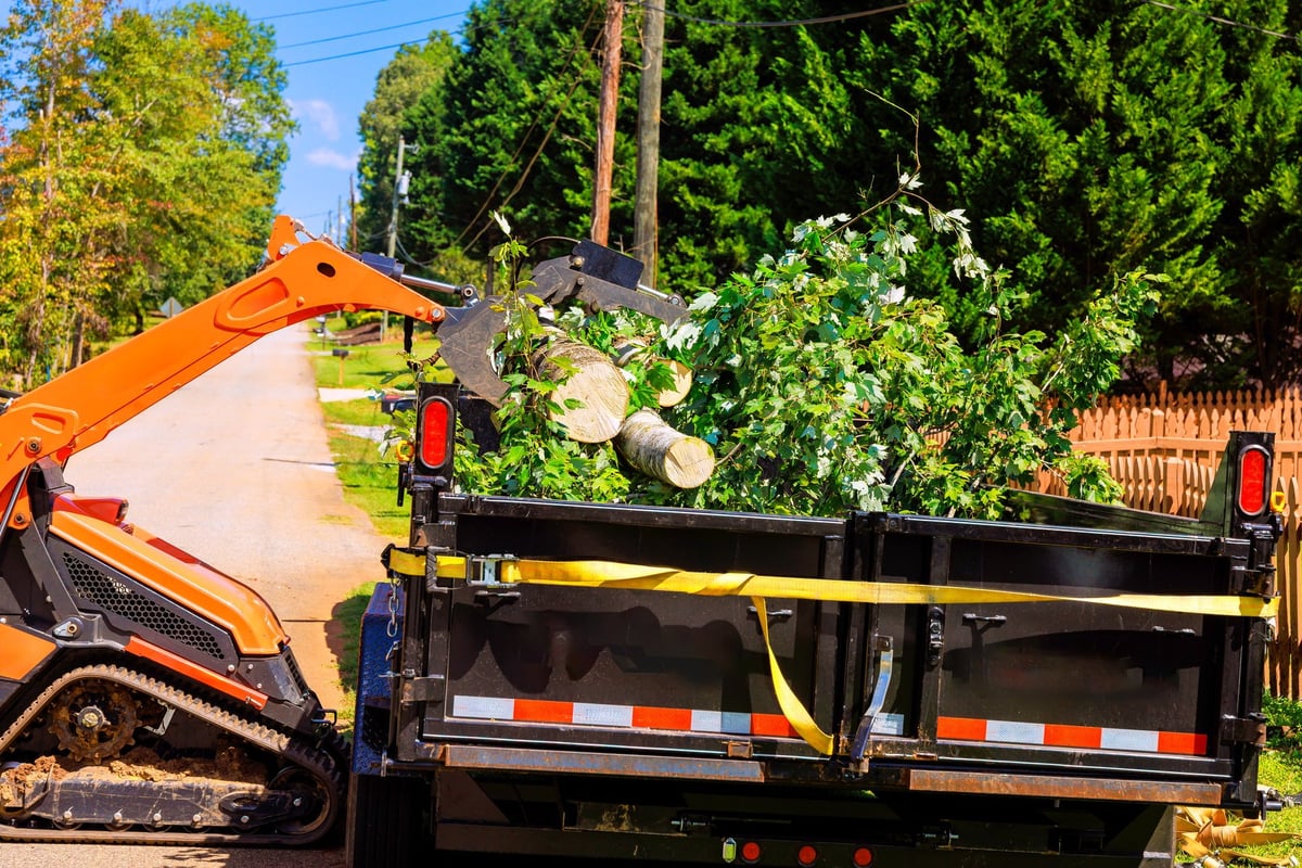 Crawler loader clearing debris from a neighborhood road